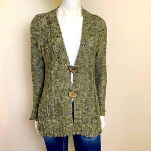 BCBGMAXAZRIA Olive Green Tweed Sweater Wooden Buttons L